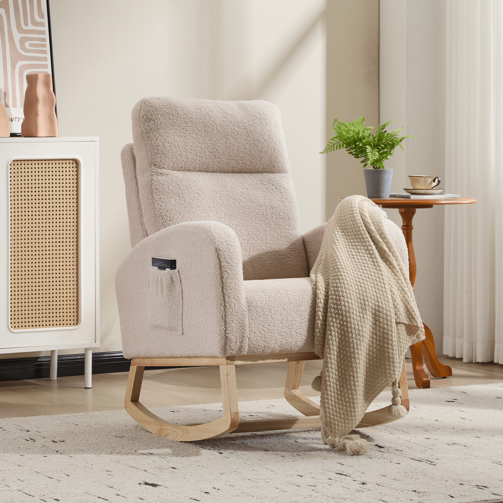 Modern Accent Rocking Chair Rocking Chair with Solid Wood Legs, Upholstered Nursery Glider Rocker, Comfy Armchair with Side Pocket, Living Room Lounge Arm Chair with High Backrest (beige,teddy) - 1st Choice Furniture Direct