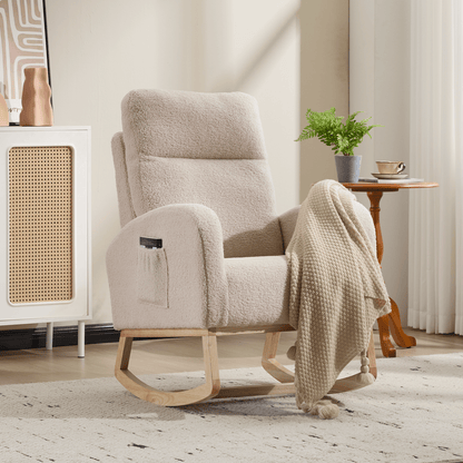 Modern Accent Rocking Chair Rocking Chair with Solid Wood Legs, Upholstered Nursery Glider Rocker, Comfy Armchair with Side Pocket, Living Room Lounge Arm Chair with High Backrest (beige,teddy) - 1st Choice Furniture Direct