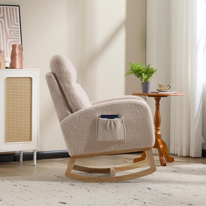 Modern Accent Rocking Chair Rocking Chair with Solid Wood Legs, Upholstered Nursery Glider Rocker, Comfy Armchair with Side Pocket, Living Room Lounge Arm Chair with High Backrest (beige,teddy) - 1st Choice Furniture Direct