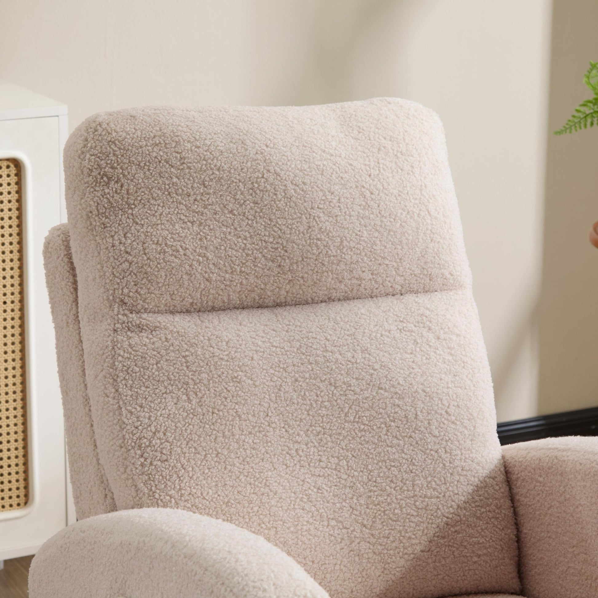 Modern Accent Rocking Chair Rocking Chair with Solid Wood Legs, Upholstered Nursery Glider Rocker, Comfy Armchair with Side Pocket, Living Room Lounge Arm Chair with High Backrest (beige,teddy) - 1st Choice Furniture Direct