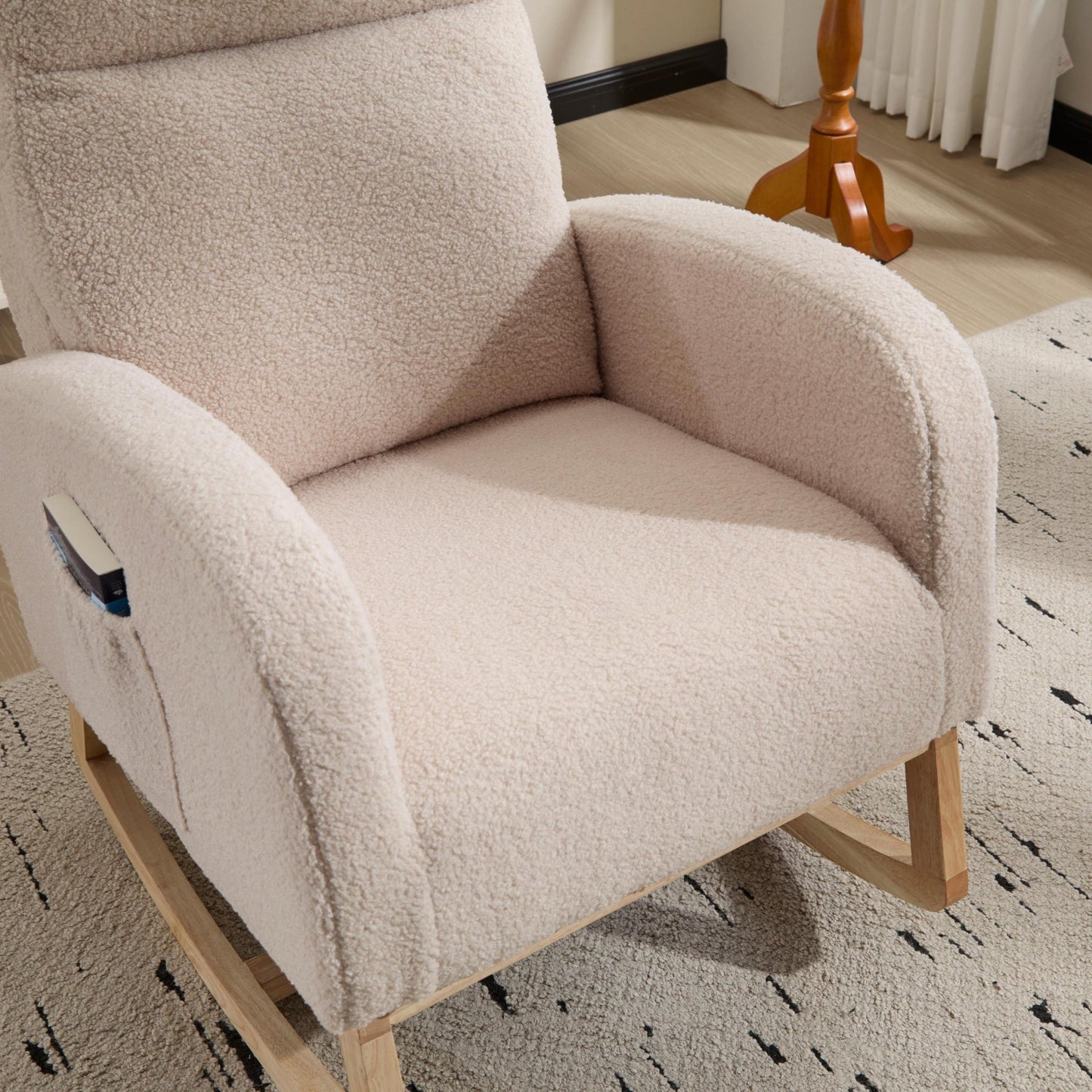 Modern Accent Rocking Chair Rocking Chair with Solid Wood Legs, Upholstered Nursery Glider Rocker, Comfy Armchair with Side Pocket, Living Room Lounge Arm Chair with High Backrest (beige,teddy) - 1st Choice Furniture Direct