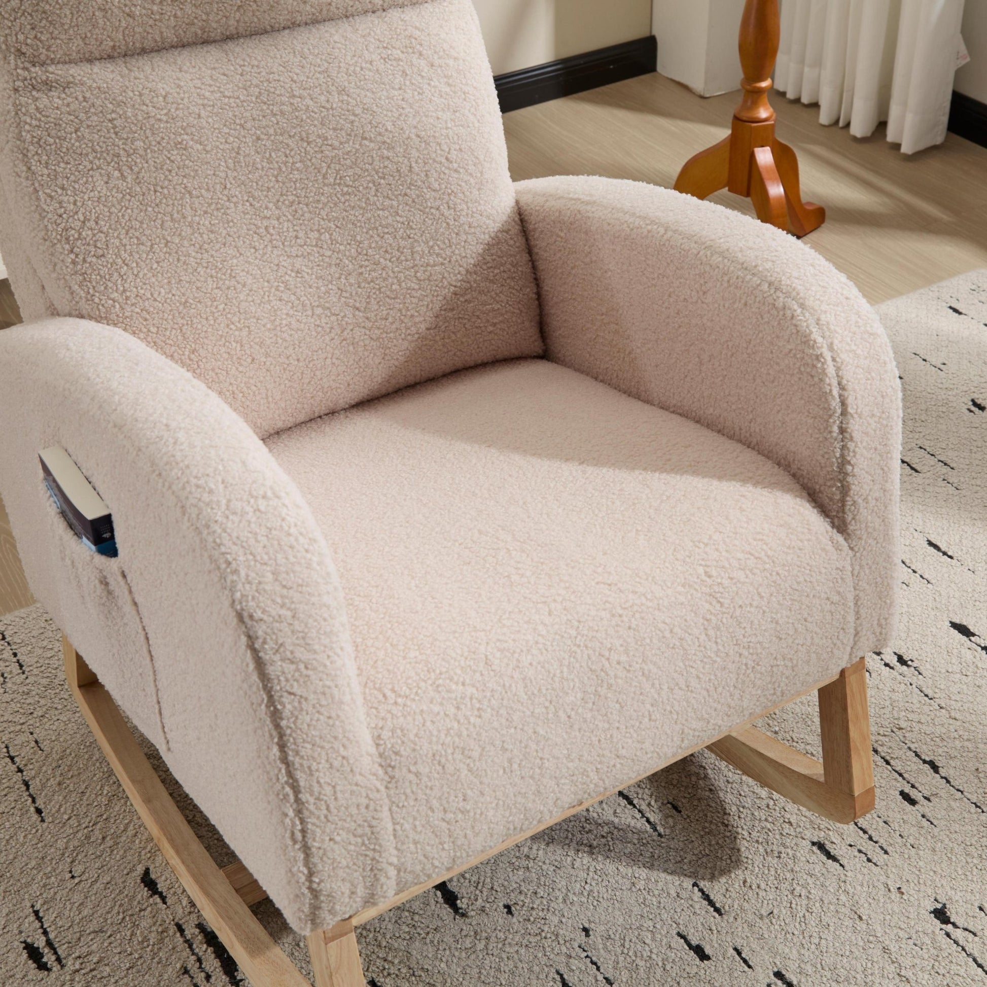 Modern Accent Rocking Chair Rocking Chair with Solid Wood Legs, Upholstered Nursery Glider Rocker, Comfy Armchair with Side Pocket, Living Room Lounge Arm Chair with High Backrest (beige,teddy) - 1st Choice Furniture Direct