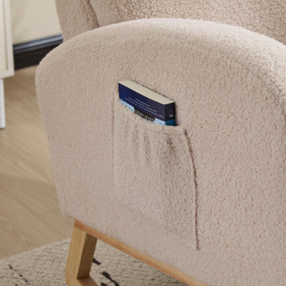 Modern Accent Rocking Chair Rocking Chair with Solid Wood Legs, Upholstered Nursery Glider Rocker, Comfy Armchair with Side Pocket, Living Room Lounge Arm Chair with High Backrest (beige,teddy) - 1st Choice Furniture Direct