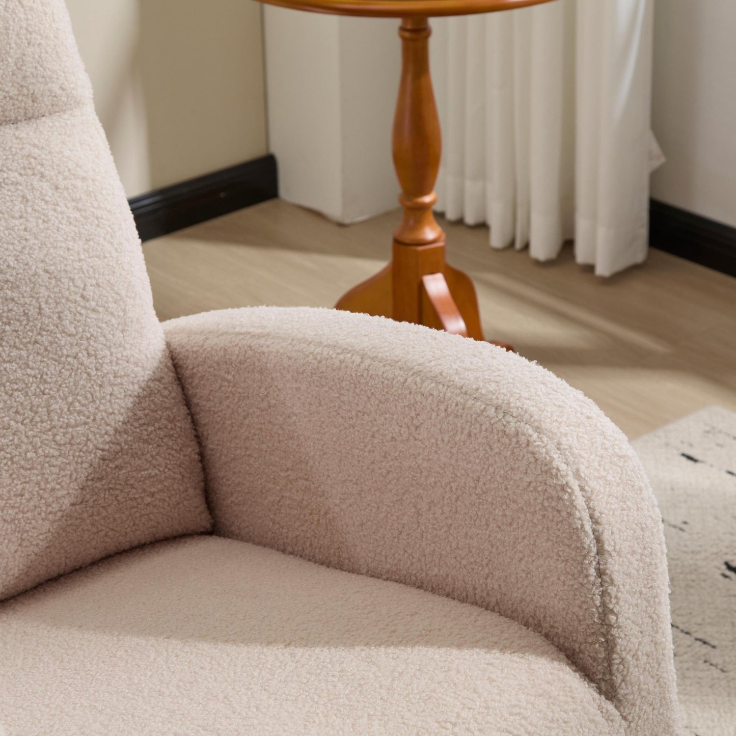 Modern Accent Rocking Chair Rocking Chair with Solid Wood Legs, Upholstered Nursery Glider Rocker, Comfy Armchair with Side Pocket, Living Room Lounge Arm Chair with High Backrest (beige,teddy) - 1st Choice Furniture Direct