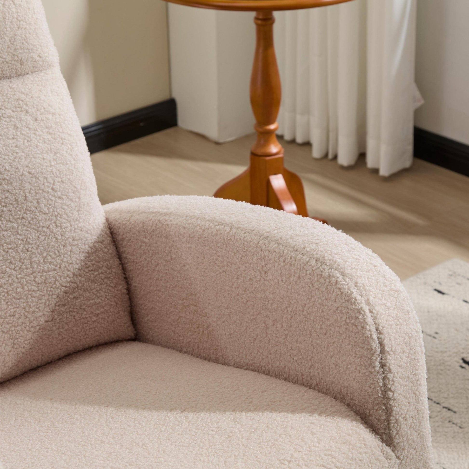 Modern Accent Rocking Chair Rocking Chair with Solid Wood Legs, Upholstered Nursery Glider Rocker, Comfy Armchair with Side Pocket, Living Room Lounge Arm Chair with High Backrest (beige,teddy) - 1st Choice Furniture Direct