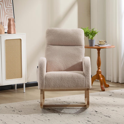 Modern Accent Rocking Chair Rocking Chair with Solid Wood Legs, Upholstered Nursery Glider Rocker, Comfy Armchair with Side Pocket, Living Room Lounge Arm Chair with High Backrest (beige,teddy) - 1st Choice Furniture Direct