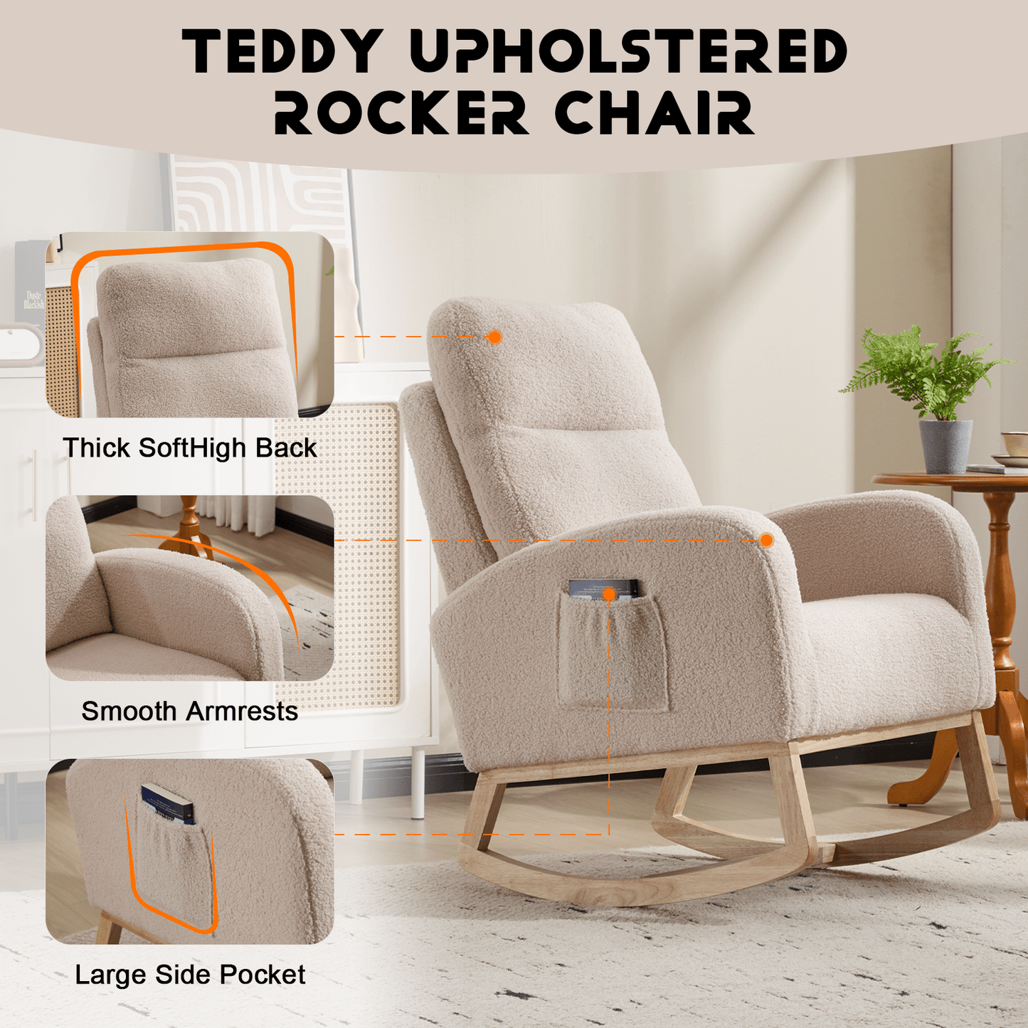 Modern Accent Rocking Chair Rocking Chair with Solid Wood Legs, Upholstered Nursery Glider Rocker, Comfy Armchair with Side Pocket, Living Room Lounge Arm Chair with High Backrest (beige,teddy) - 1st Choice Furniture Direct