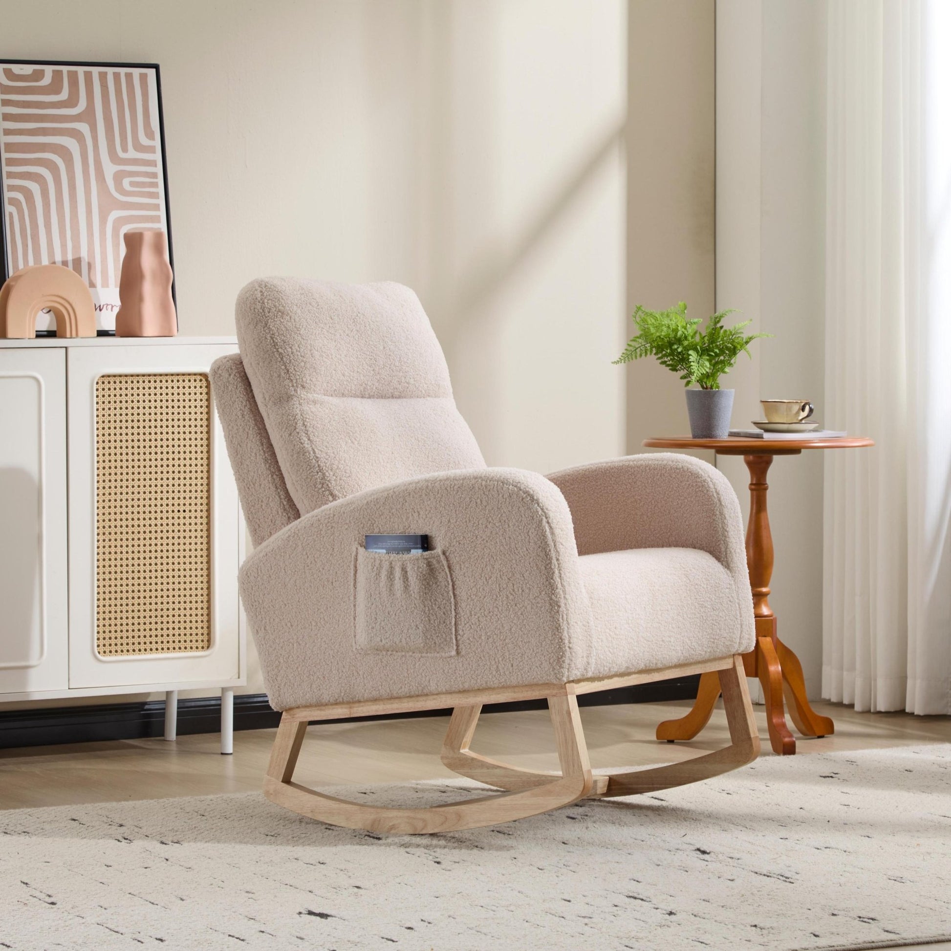Modern Accent Rocking Chair Rocking Chair with Solid Wood Legs, Upholstered Nursery Glider Rocker, Comfy Armchair with Side Pocket, Living Room Lounge Arm Chair with High Backrest (beige,teddy) - 1st Choice Furniture Direct