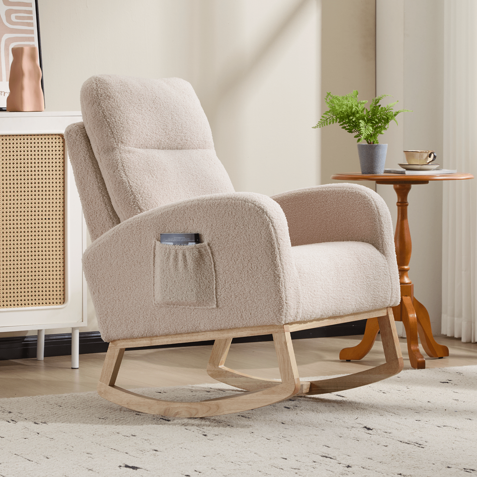 Modern Accent Rocking Chair Rocking Chair with Solid Wood Legs, Upholstered Nursery Glider Rocker, Comfy Armchair with Side Pocket, Living Room Lounge Arm Chair with High Backrest (beige,teddy) - 1st Choice Furniture Direct