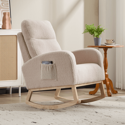 Modern Accent Rocking Chair Rocking Chair with Solid Wood Legs, Upholstered Nursery Glider Rocker, Comfy Armchair with Side Pocket, Living Room Lounge Arm Chair with High Backrest (beige,teddy) - 1st Choice Furniture Direct