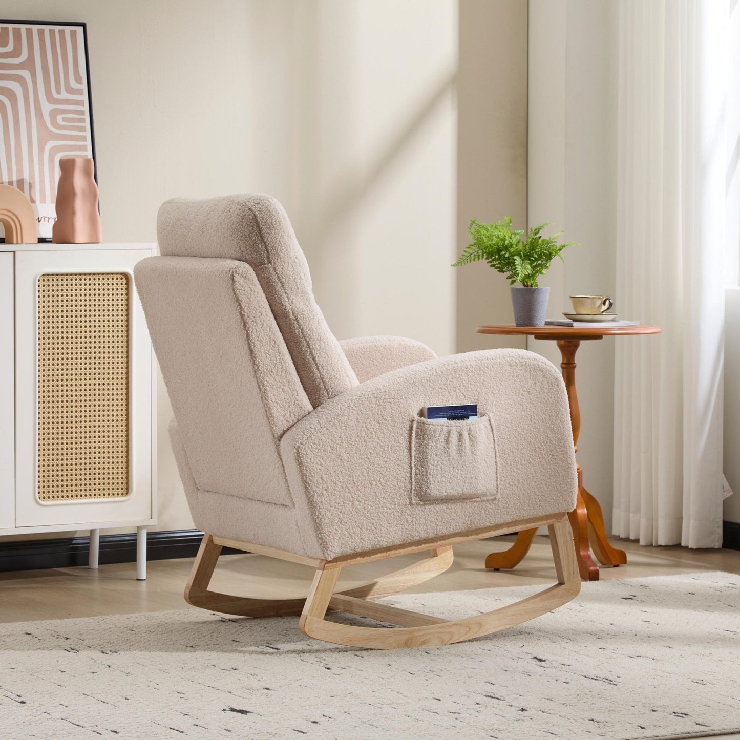 Modern Accent Rocking Chair Rocking Chair with Solid Wood Legs, Upholstered Nursery Glider Rocker, Comfy Armchair with Side Pocket, Living Room Lounge Arm Chair with High Backrest (beige,teddy) - 1st Choice Furniture Direct