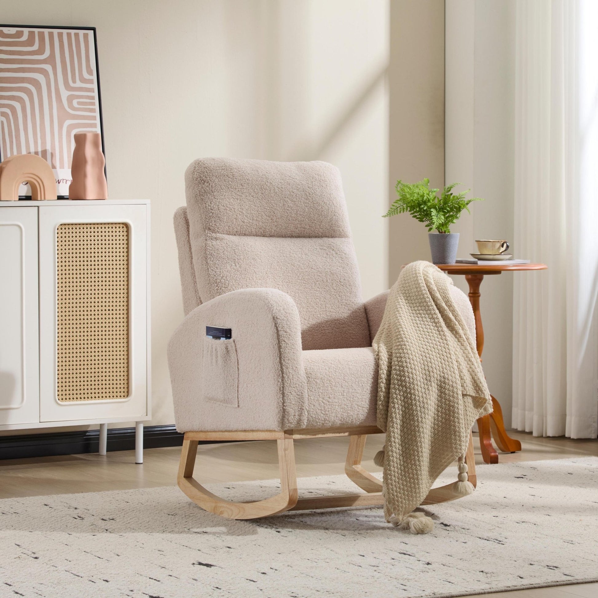 Modern Accent Rocking Chair Rocking Chair with Solid Wood Legs, Upholstered Nursery Glider Rocker, Comfy Armchair with Side Pocket, Living Room Lounge Arm Chair with High Backrest (beige,teddy) - 1st Choice Furniture Direct