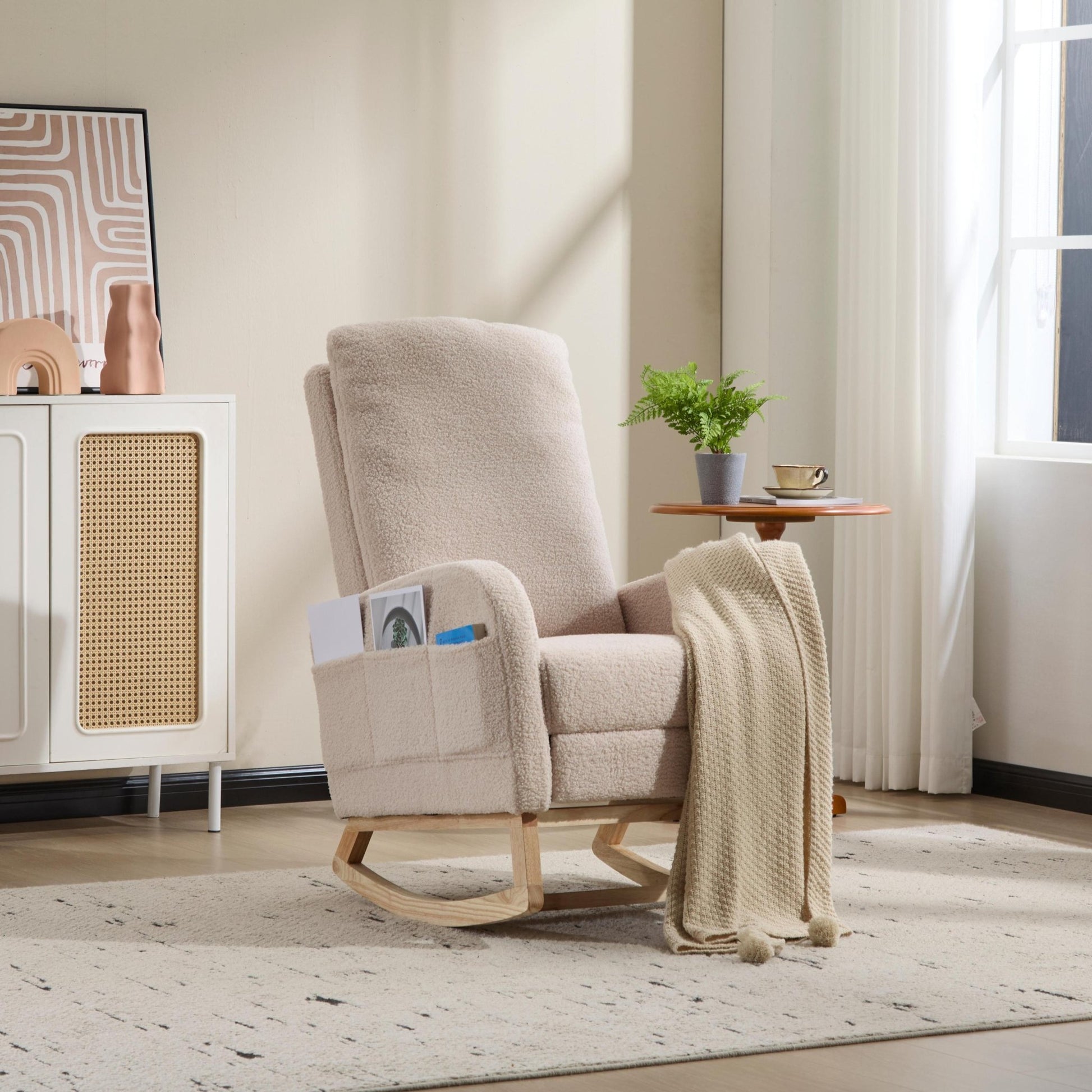 Modern Accent Rocking Chair Rocking Chair with Solid Wood Legs, Upholstered Nursery Glider Rocker Side Pocket and Footrest, Living Room Lounge Arm Chair with High Backrest (beige,teddy) - 1st Choice Furniture Direct