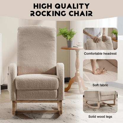 Modern Accent Rocking Chair Rocking Chair with Solid Wood Legs, Upholstered Nursery Glider Rocker Side Pocket and Footrest, Living Room Lounge Arm Chair with High Backrest (beige,teddy) - 1st Choice Furniture Direct