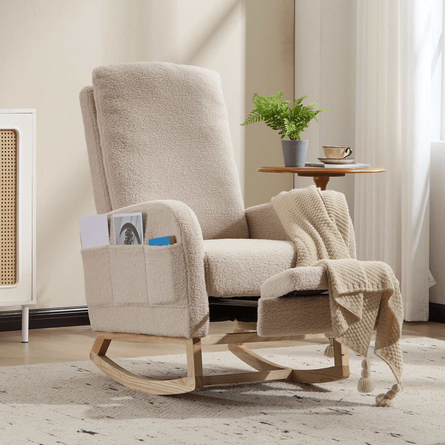 Modern Accent Rocking Chair Rocking Chair with Solid Wood Legs, Upholstered Nursery Glider Rocker Side Pocket and Footrest, Living Room Lounge Arm Chair with High Backrest (beige,teddy) - 1st Choice Furniture Direct