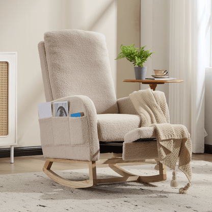 Modern Accent Rocking Chair Rocking Chair with Solid Wood Legs, Upholstered Nursery Glider Rocker Side Pocket and Footrest, Living Room Lounge Arm Chair with High Backrest (beige,teddy) - 1st Choice Furniture Direct