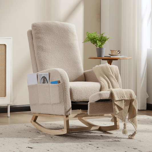Modern Accent Rocking Chair Rocking Chair with Solid Wood Legs, Upholstered Nursery Glider Rocker Side Pocket and Footrest, Living Room Lounge Arm Chair with High Backrest (beige,teddy) - 1st Choice Furniture Direct