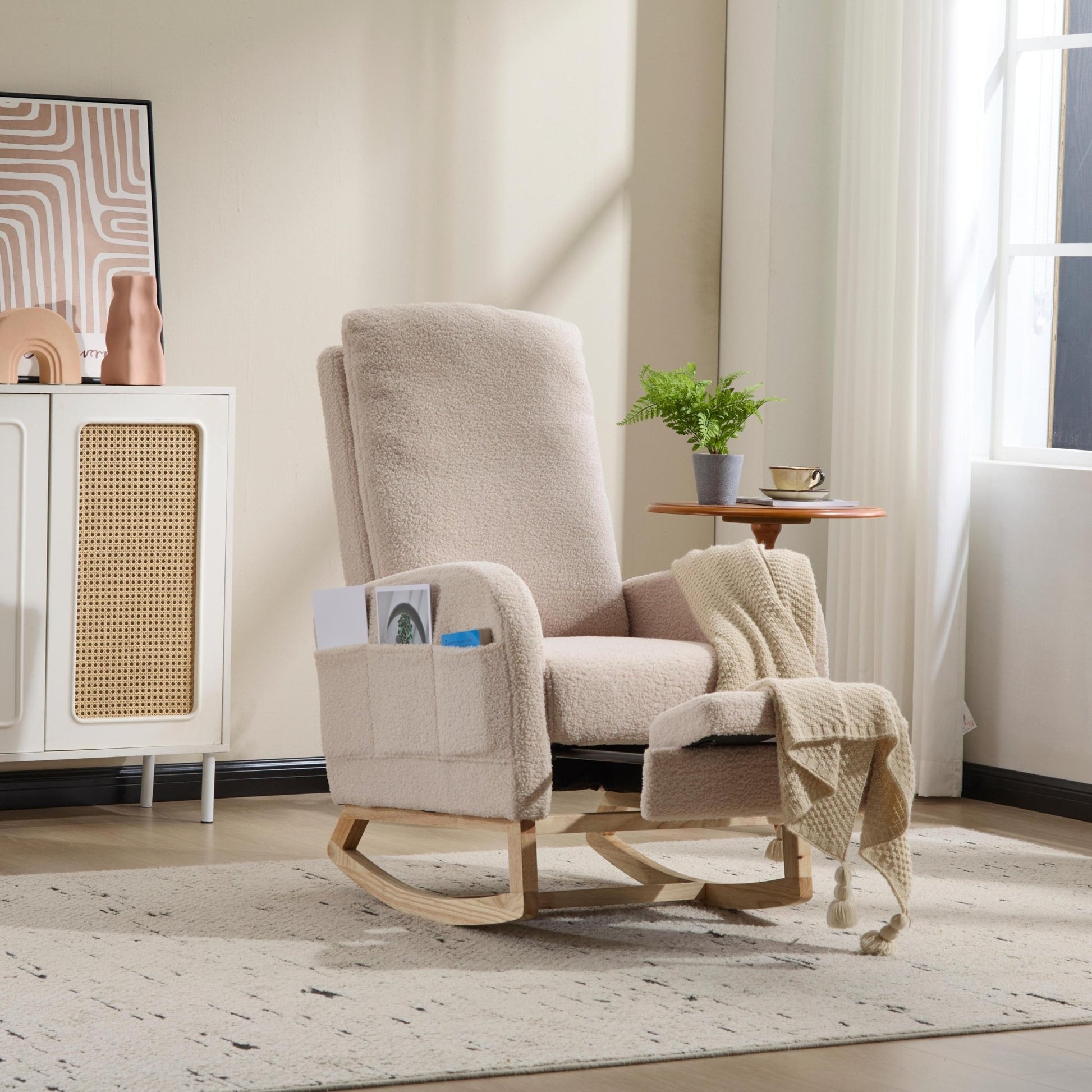 Modern Accent Rocking Chair Rocking Chair with Solid Wood Legs, Upholstered Nursery Glider Rocker Side Pocket and Footrest, Living Room Lounge Arm Chair with High Backrest (beige,teddy) - 1st Choice Furniture Direct