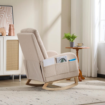 Modern Accent Rocking Chair Rocking Chair with Solid Wood Legs, Upholstered Nursery Glider Rocker Side Pocket and Footrest, Living Room Lounge Arm Chair with High Backrest (beige,teddy) - 1st Choice Furniture Direct