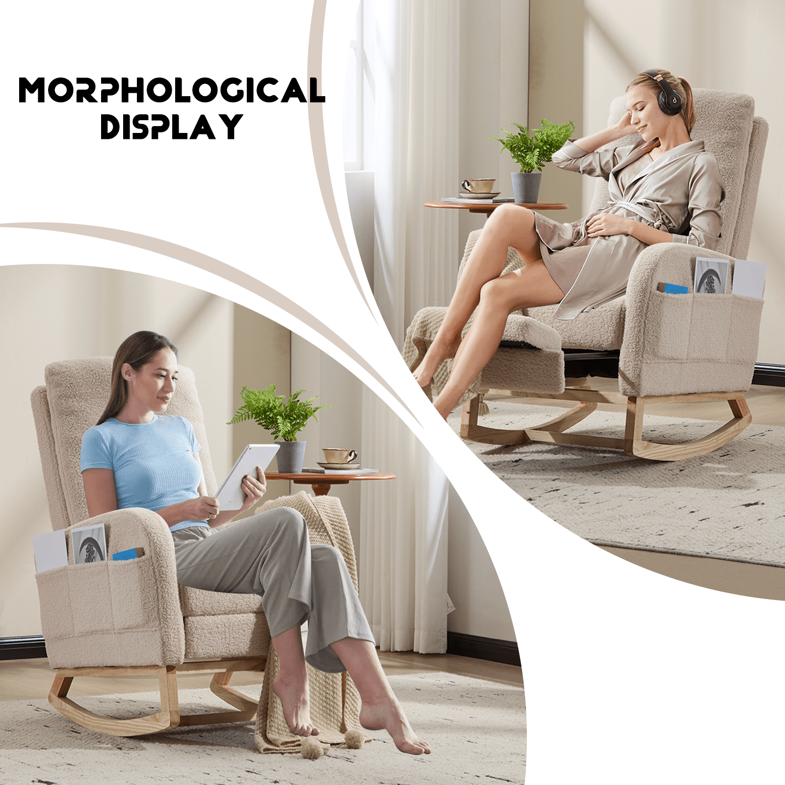 Modern Accent Rocking Chair Rocking Chair with Solid Wood Legs, Upholstered Nursery Glider Rocker Side Pocket and Footrest, Living Room Lounge Arm Chair with High Backrest (beige,teddy) - 1st Choice Furniture Direct
