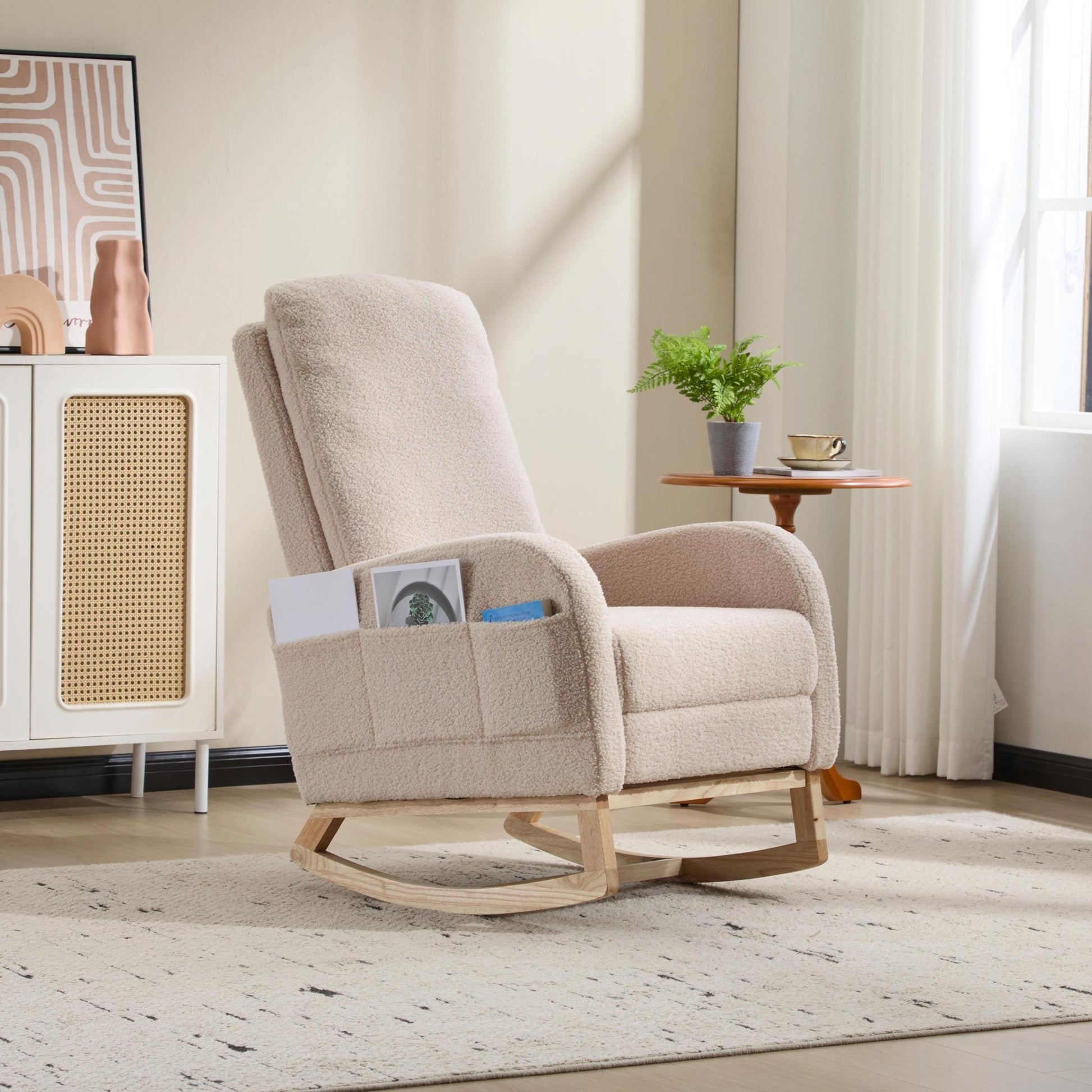 Modern Accent Rocking Chair Rocking Chair with Solid Wood Legs, Upholstered Nursery Glider Rocker Side Pocket and Footrest, Living Room Lounge Arm Chair with High Backrest (beige,teddy) - 1st Choice Furniture Direct
