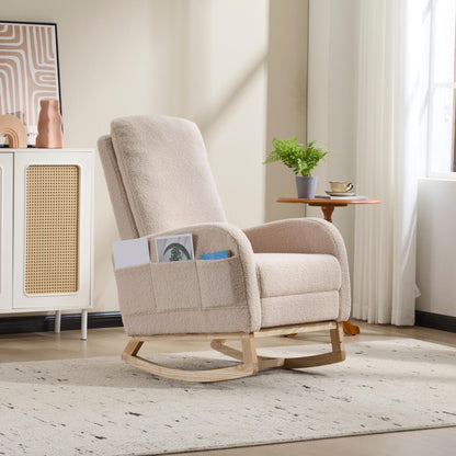 Modern Accent Rocking Chair Rocking Chair with Solid Wood Legs, Upholstered Nursery Glider Rocker Side Pocket and Footrest, Living Room Lounge Arm Chair with High Backrest (beige,teddy) - 1st Choice Furniture Direct
