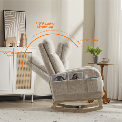 Modern Accent Rocking Chair Rocking Chair with Solid Wood Legs, Upholstered Nursery Glider Rocker Side Pocket and Footrest, Living Room Lounge Arm Chair with High Backrest (beige,teddy) - 1st Choice Furniture Direct