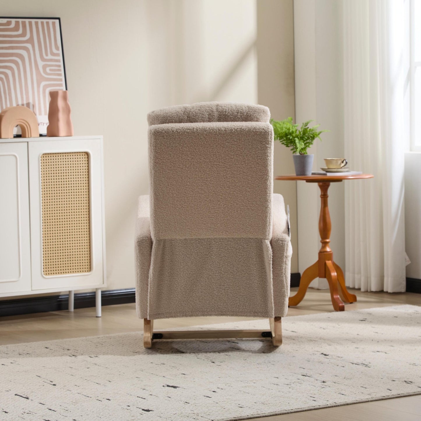 Modern Accent Rocking Chair Rocking Chair with Solid Wood Legs, Upholstered Nursery Glider Rocker Side Pocket and Footrest, Living Room Lounge Arm Chair with High Backrest (beige,teddy) - 1st Choice Furniture Direct