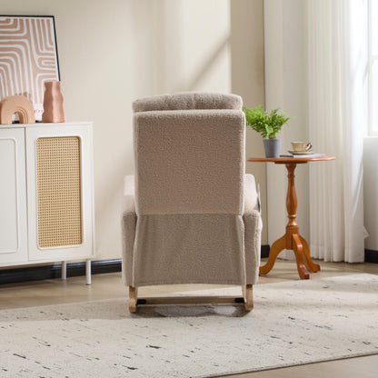 Modern Accent Rocking Chair Rocking Chair with Solid Wood Legs, Upholstered Nursery Glider Rocker Side Pocket and Footrest, Living Room Lounge Arm Chair with High Backrest (beige,teddy) - 1st Choice Furniture Direct