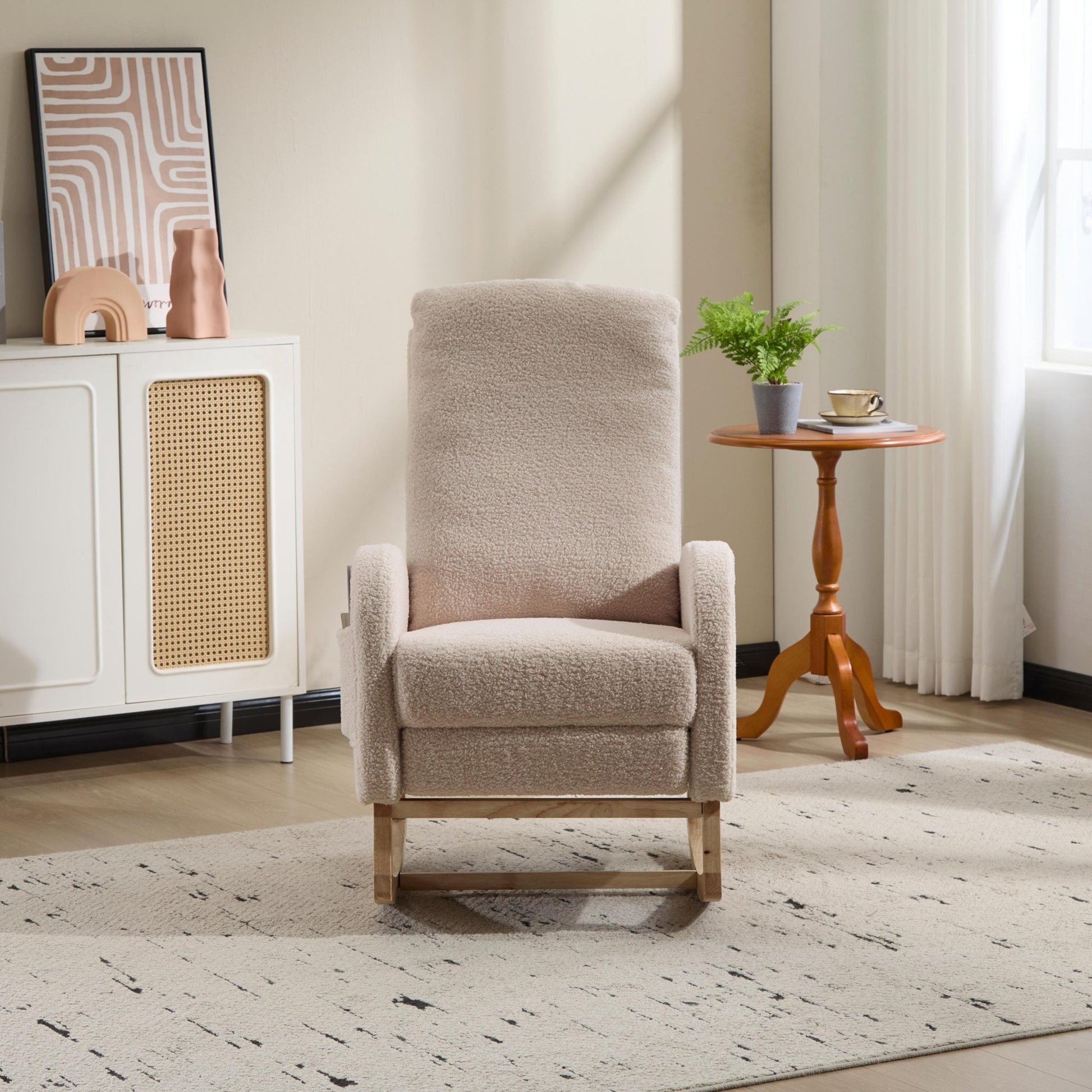 Modern Accent Rocking Chair Rocking Chair with Solid Wood Legs, Upholstered Nursery Glider Rocker Side Pocket and Footrest, Living Room Lounge Arm Chair with High Backrest (beige,teddy) - 1st Choice Furniture Direct