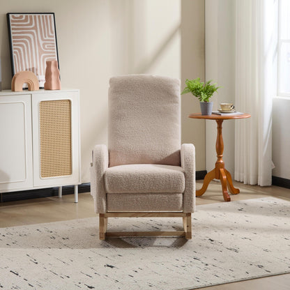 Modern Accent Rocking Chair Rocking Chair with Solid Wood Legs, Upholstered Nursery Glider Rocker Side Pocket and Footrest, Living Room Lounge Arm Chair with High Backrest (beige,teddy) - 1st Choice Furniture Direct