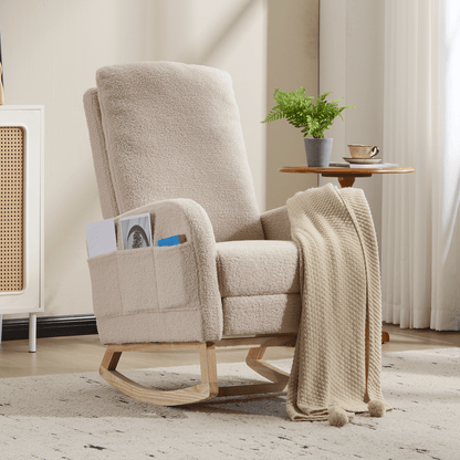 Modern Accent Rocking Chair Rocking Chair with Solid Wood Legs, Upholstered Nursery Glider Rocker Side Pocket and Footrest, Living Room Lounge Arm Chair with High Backrest (beige,teddy) - 1st Choice Furniture Direct