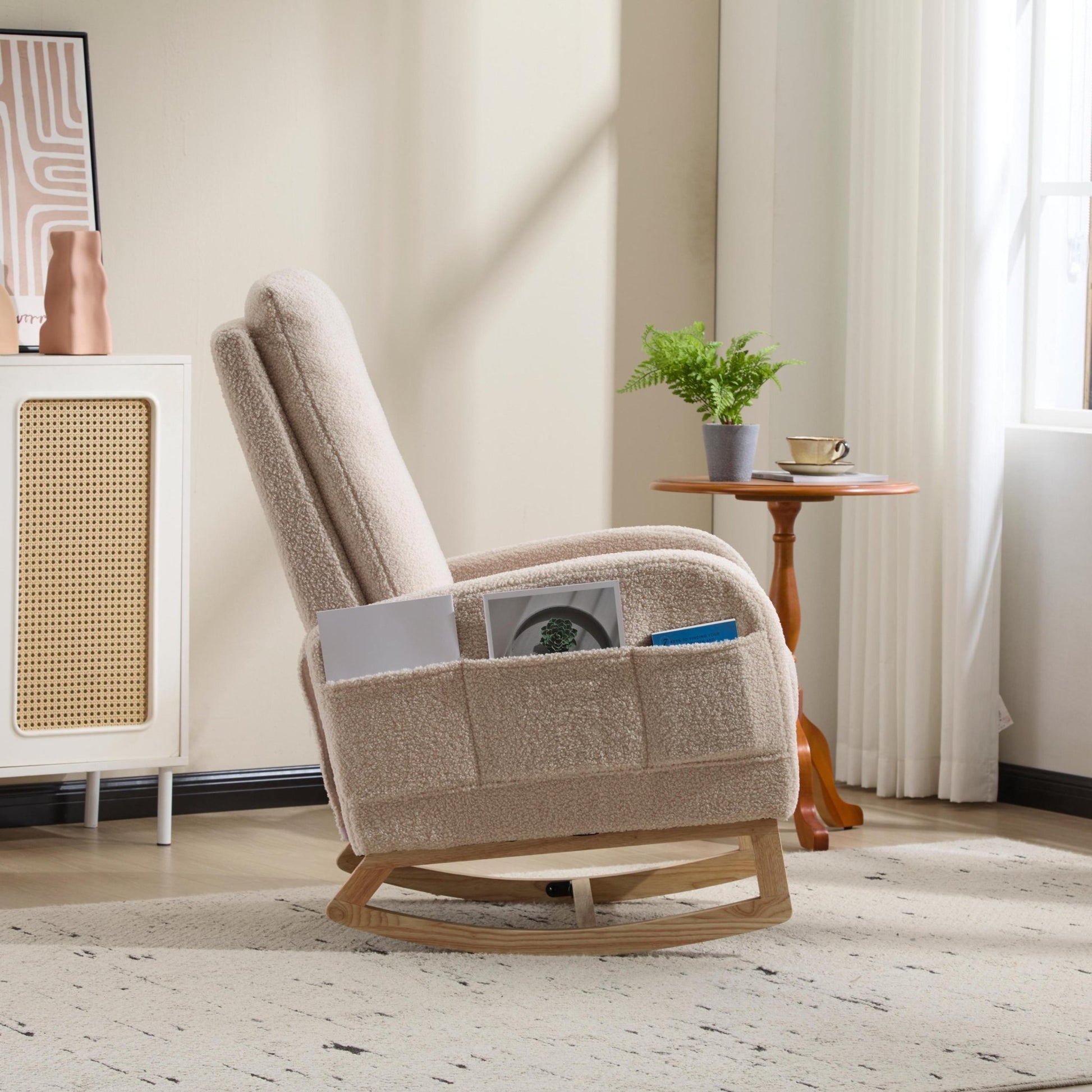 Modern Accent Rocking Chair Rocking Chair with Solid Wood Legs, Upholstered Nursery Glider Rocker Side Pocket and Footrest, Living Room Lounge Arm Chair with High Backrest (beige,teddy) - 1st Choice Furniture Direct