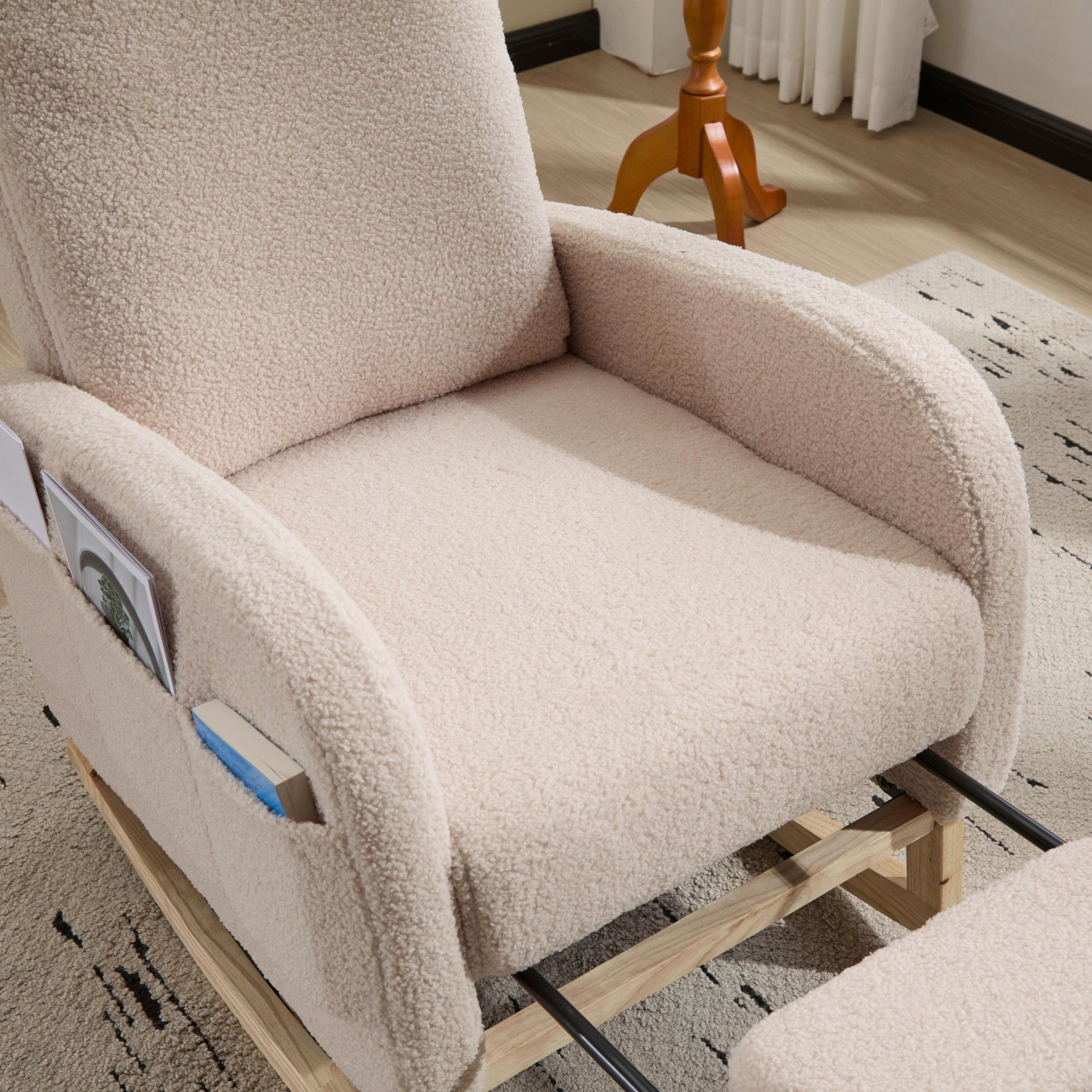 Modern Accent Rocking Chair Rocking Chair with Solid Wood Legs, Upholstered Nursery Glider Rocker Side Pocket and Footrest, Living Room Lounge Arm Chair with High Backrest (beige,teddy) - 1st Choice Furniture Direct