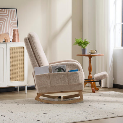 Modern Accent Rocking Chair Rocking Chair with Solid Wood Legs, Upholstered Nursery Glider Rocker Side Pocket and Footrest, Living Room Lounge Arm Chair with High Backrest (beige,teddy) - 1st Choice Furniture Direct