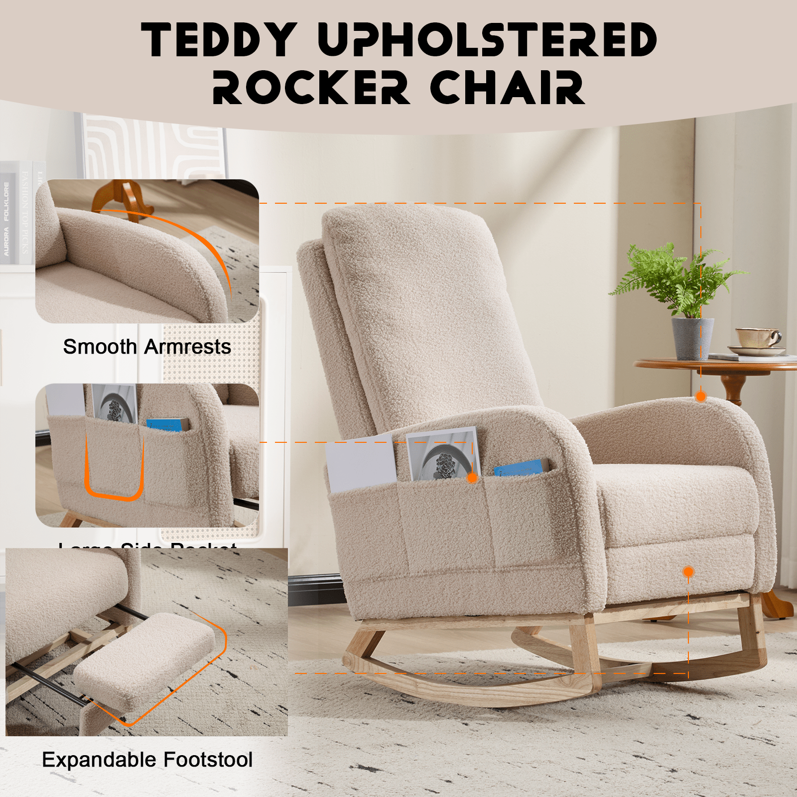 Modern Accent Rocking Chair Rocking Chair with Solid Wood Legs, Upholstered Nursery Glider Rocker Side Pocket and Footrest, Living Room Lounge Arm Chair with High Backrest (beige,teddy) - 1st Choice Furniture Direct