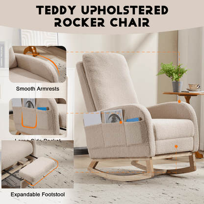 Modern Accent Rocking Chair Rocking Chair with Solid Wood Legs, Upholstered Nursery Glider Rocker Side Pocket and Footrest, Living Room Lounge Arm Chair with High Backrest (beige,teddy) - 1st Choice Furniture Direct
