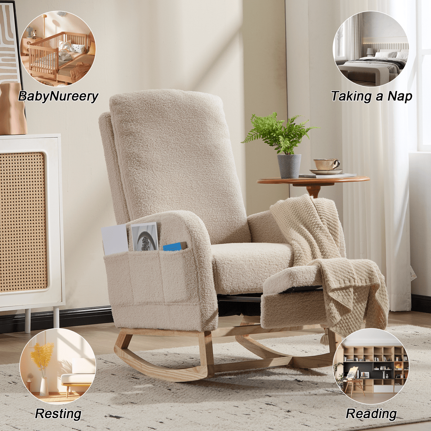 Modern Accent Rocking Chair Rocking Chair with Solid Wood Legs, Upholstered Nursery Glider Rocker Side Pocket and Footrest, Living Room Lounge Arm Chair with High Backrest (beige,teddy) - 1st Choice Furniture Direct