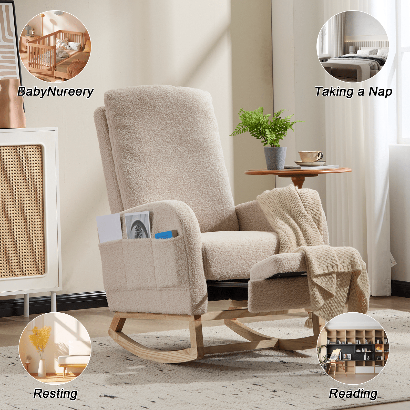Modern Accent Rocking Chair Rocking Chair with Solid Wood Legs, Upholstered Nursery Glider Rocker Side Pocket and Footrest, Living Room Lounge Arm Chair with High Backrest (beige,teddy) - 1st Choice Furniture Direct