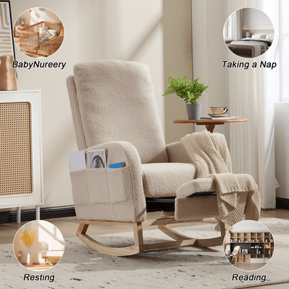Modern Accent Rocking Chair Rocking Chair with Solid Wood Legs, Upholstered Nursery Glider Rocker Side Pocket and Footrest, Living Room Lounge Arm Chair with High Backrest (beige,teddy) - 1st Choice Furniture Direct