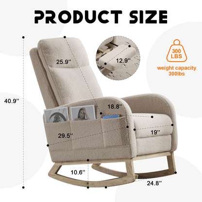 Modern Accent Rocking Chair Rocking Chair with Solid Wood Legs, Upholstered Nursery Glider Rocker Side Pocket and Footrest, Living Room Lounge Arm Chair with High Backrest (beige,teddy) - 1st Choice Furniture Direct