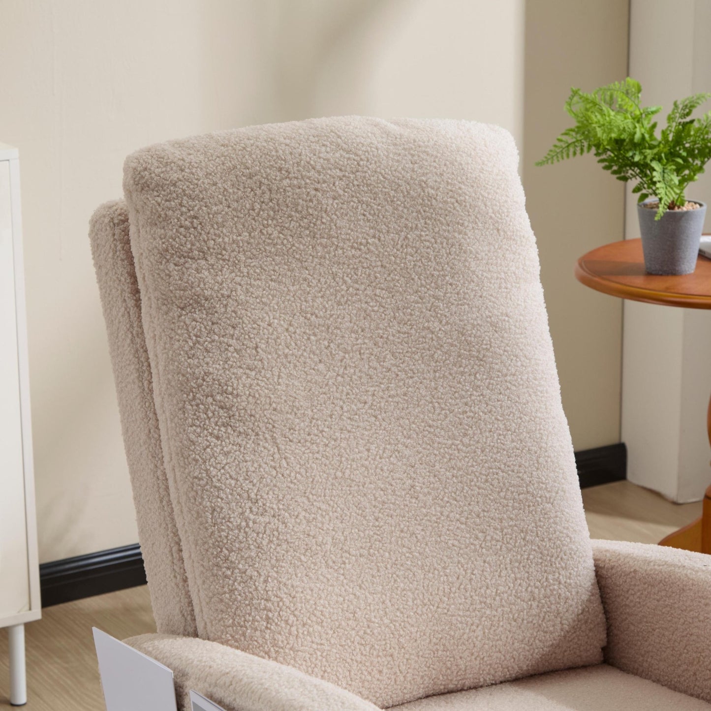 Modern Accent Rocking Chair Rocking Chair with Solid Wood Legs, Upholstered Nursery Glider Rocker Side Pocket and Footrest, Living Room Lounge Arm Chair with High Backrest (beige,teddy) - 1st Choice Furniture Direct