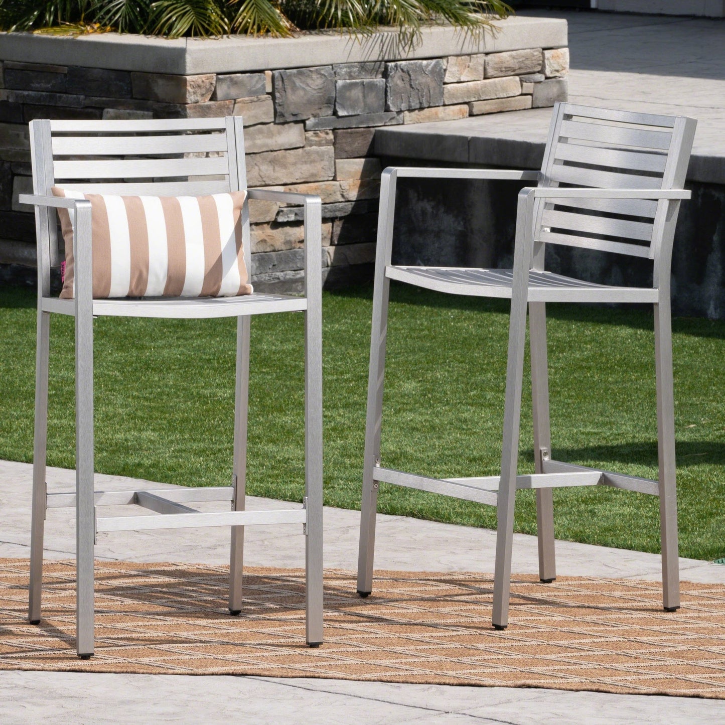 Modern Aluminum Outdoor Bar Stool Set of 2 in Silver - 1st Choice Furniture Direct
