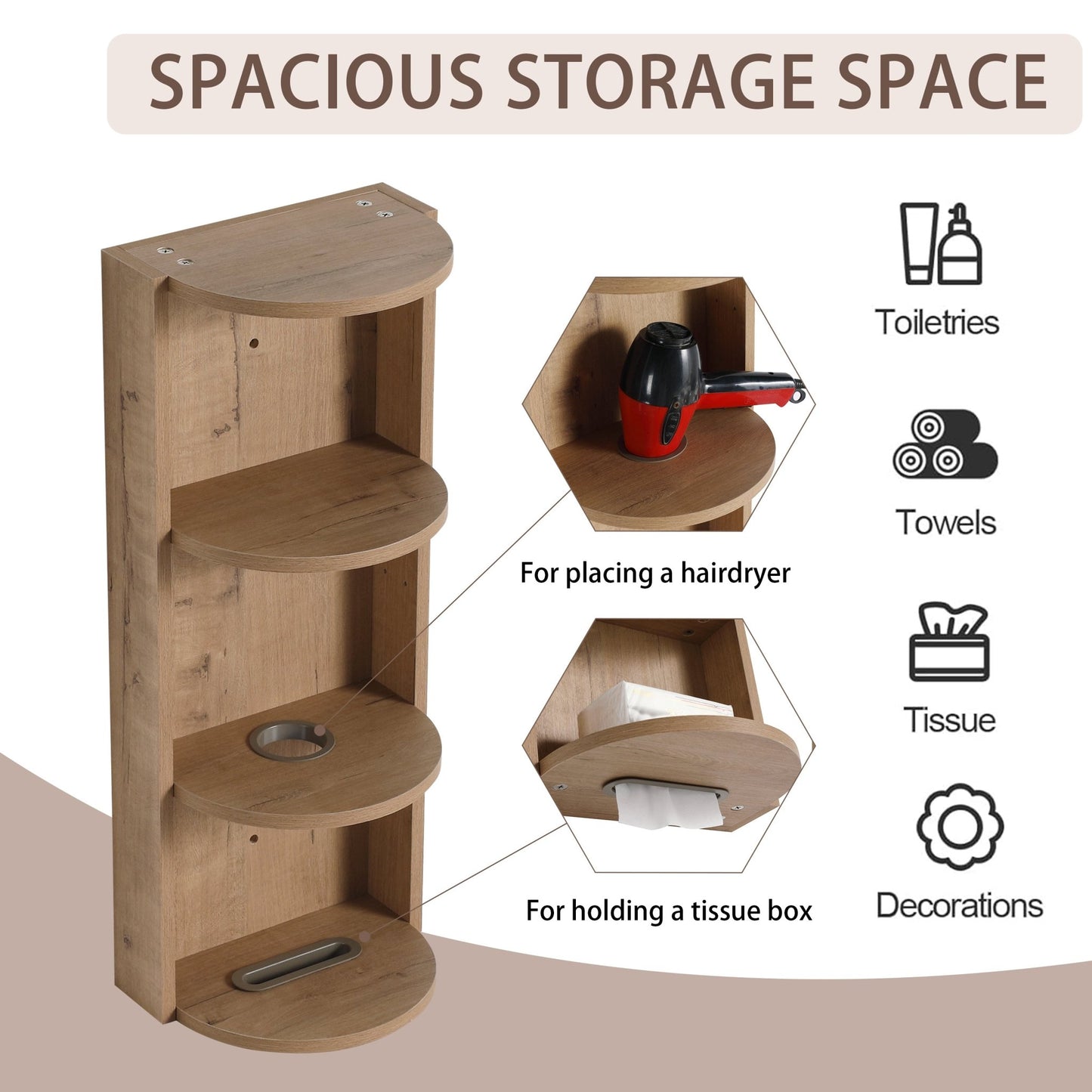 Modern Bathroom Wall - Mounted Storage Rack with Floating Design in Imitative Oak Plywood, 12 Inches - 1st Choice Furniture Direct