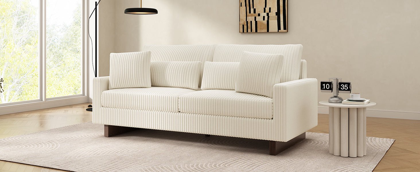 Modern Beige Corduroy Loveseat Sofa with Four Pillows, Upholstered, 80.3' W x 37.4' D x 33.9' H - 1st Choice Furniture Direct