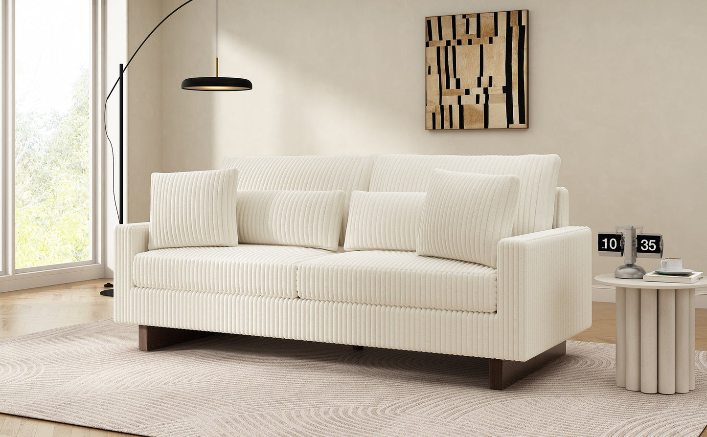 Modern Beige Corduroy Loveseat Sofa with Four Pillows, Upholstered, 80.3' W x 37.4' D x 33.9' H - 1st Choice Furniture Direct