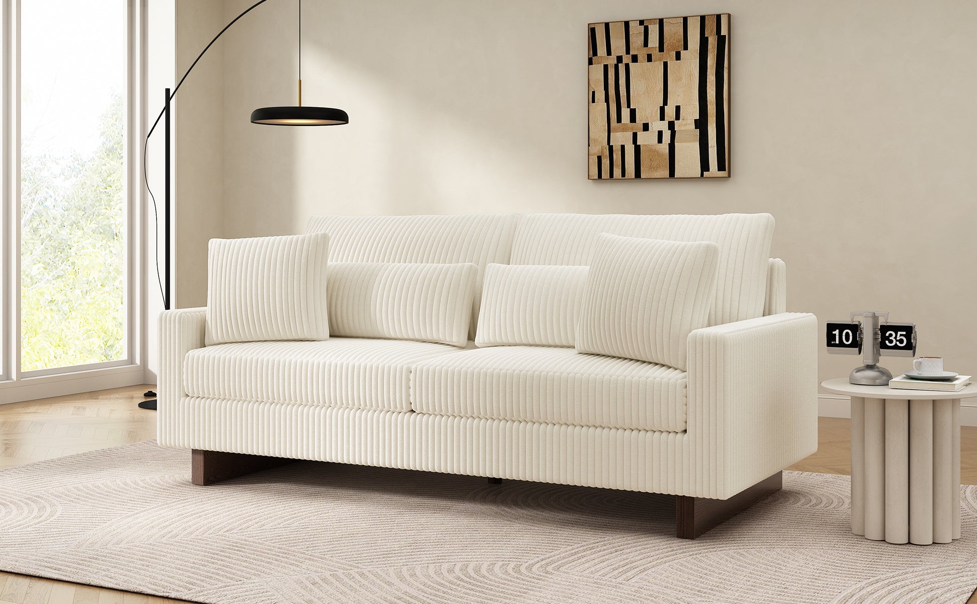 Modern Beige Corduroy Loveseat Sofa with Four Pillows, Upholstered, 80.3' W x 37.4' D x 33.9' H - 1st Choice Furniture Direct