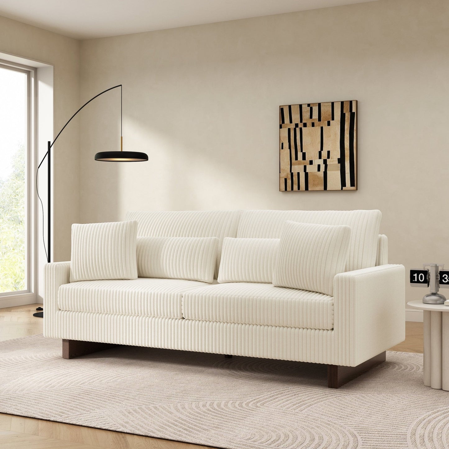 Modern Beige Corduroy Loveseat Sofa with Four Pillows, Upholstered, 80.3' W x 37.4' D x 33.9' H - 1st Choice Furniture Direct