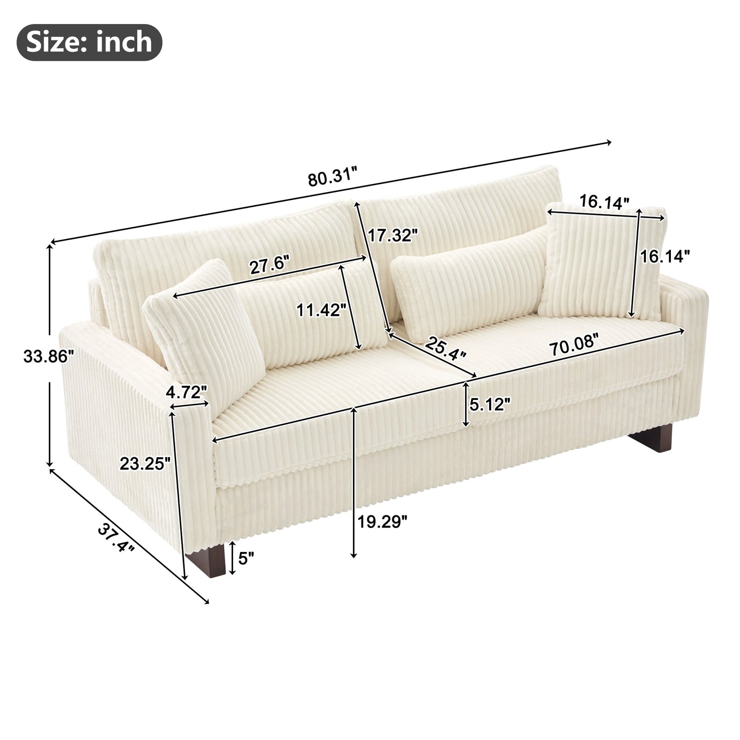 Modern Beige Corduroy Loveseat Sofa with Four Pillows, Upholstered, 80.3' W x 37.4' D x 33.9' H - 1st Choice Furniture Direct
