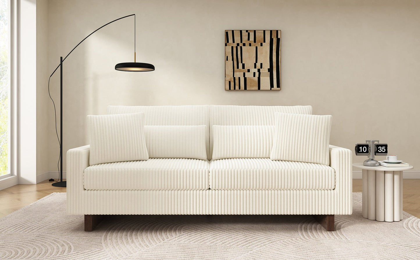 Modern Beige Corduroy Loveseat Sofa with Four Pillows, Upholstered, 80.3' W x 37.4' D x 33.9' H - 1st Choice Furniture Direct